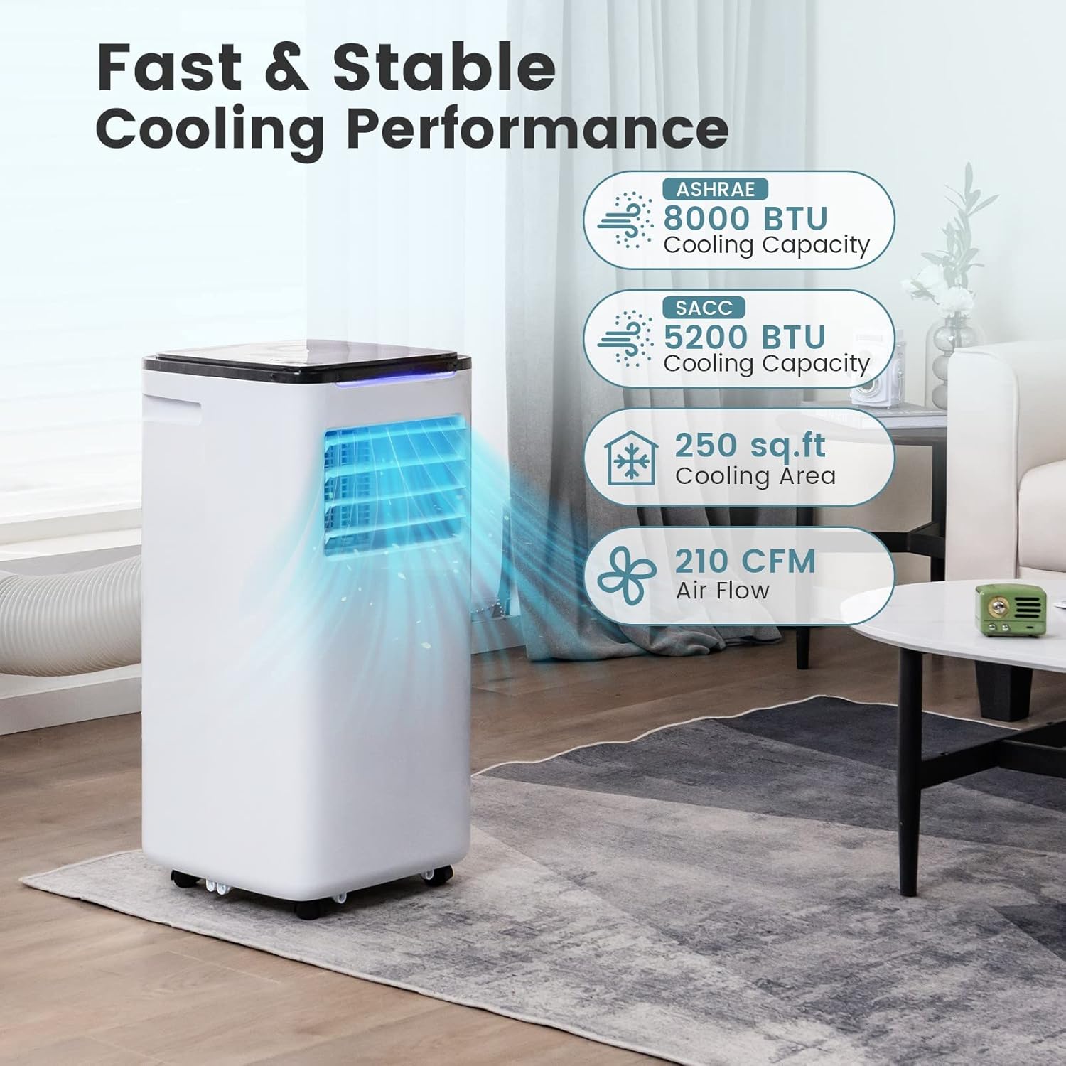 KOTEK Portable Air Conditioner for Room up to 250 Sq. Ft, 8000 BTU 3-in-1 AC Unit for Bedroom with Dehumidifier/Fan/Cool/Sleep Mode, 24H Timer/Window Kit/Remote, Portable AC for Home Office (8000BTU)