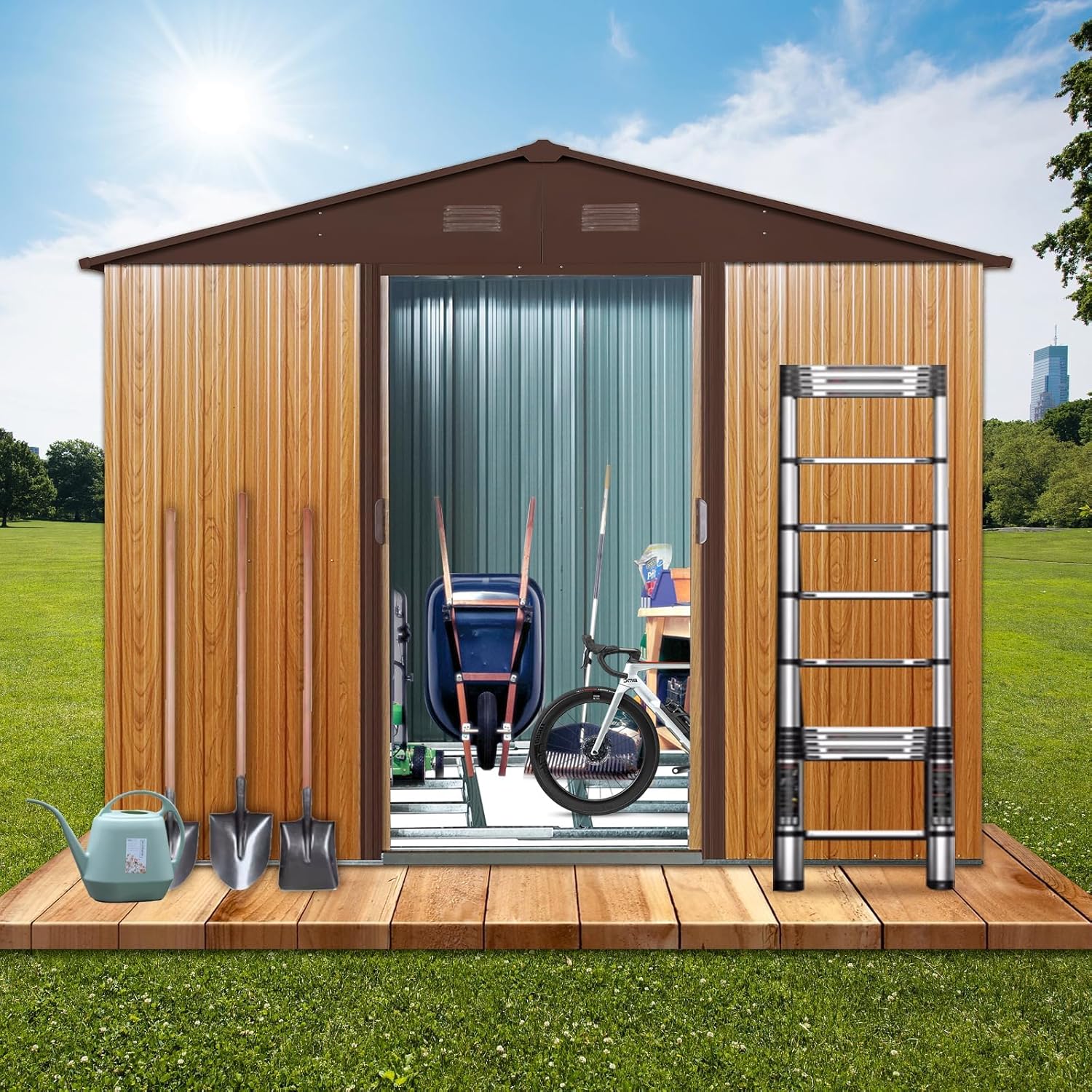 8 x 6 FT Outdoor Storage Shed, Metal Garden Shed with Floor Frame, Tool Shed Outdoor Storage with Lockable Sliding Doors & Air Vents, Storage House Waterproof for Backyard, Lawn, Coffee