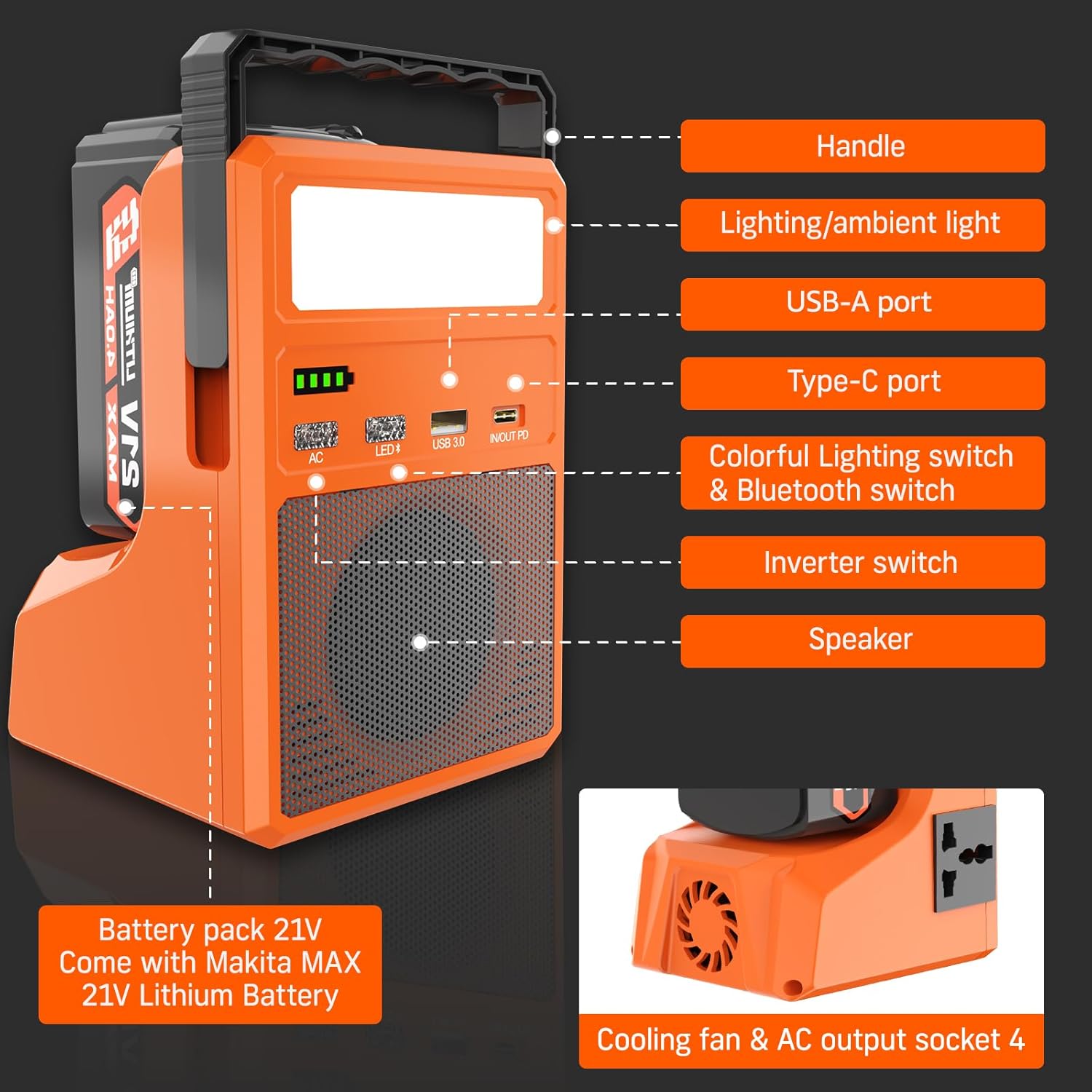 300W Power Inverter with Bluetooth Speaker, Battery Inverter for Makita 18V Battery with 21V 4.0Ah Battery Included, 110V AC Outlet, 1 × USB 3.0 Port, 32W PD Type-C, LED Light for Camping & Emergency