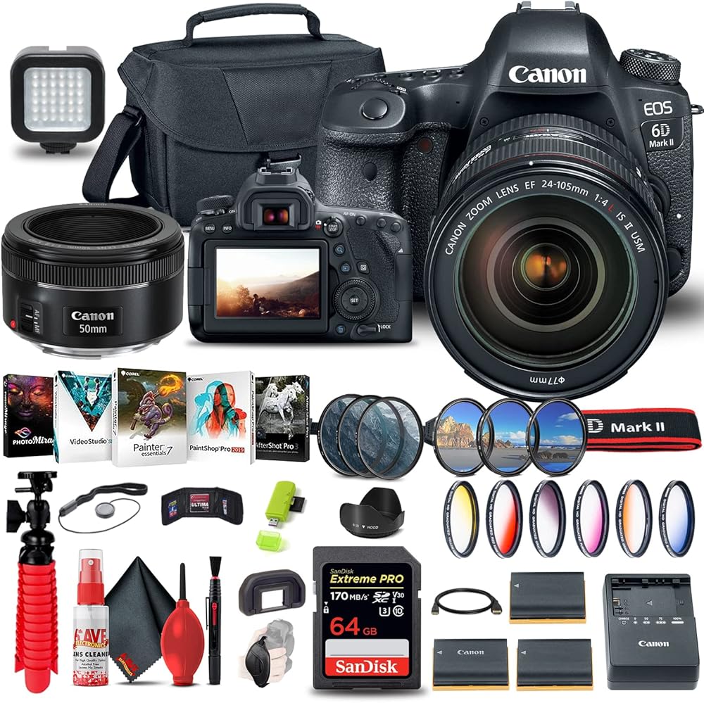 Canon EOS 6D Mark II DSLR Camera with 24-105mm f/4L II Lens (1897C009) + Canon EF 50mm Lens + 64GB Memory Card + Color Filter Kit + Case + Corel Photo Software + 2 x LPE6 Battery + More (Renewed)