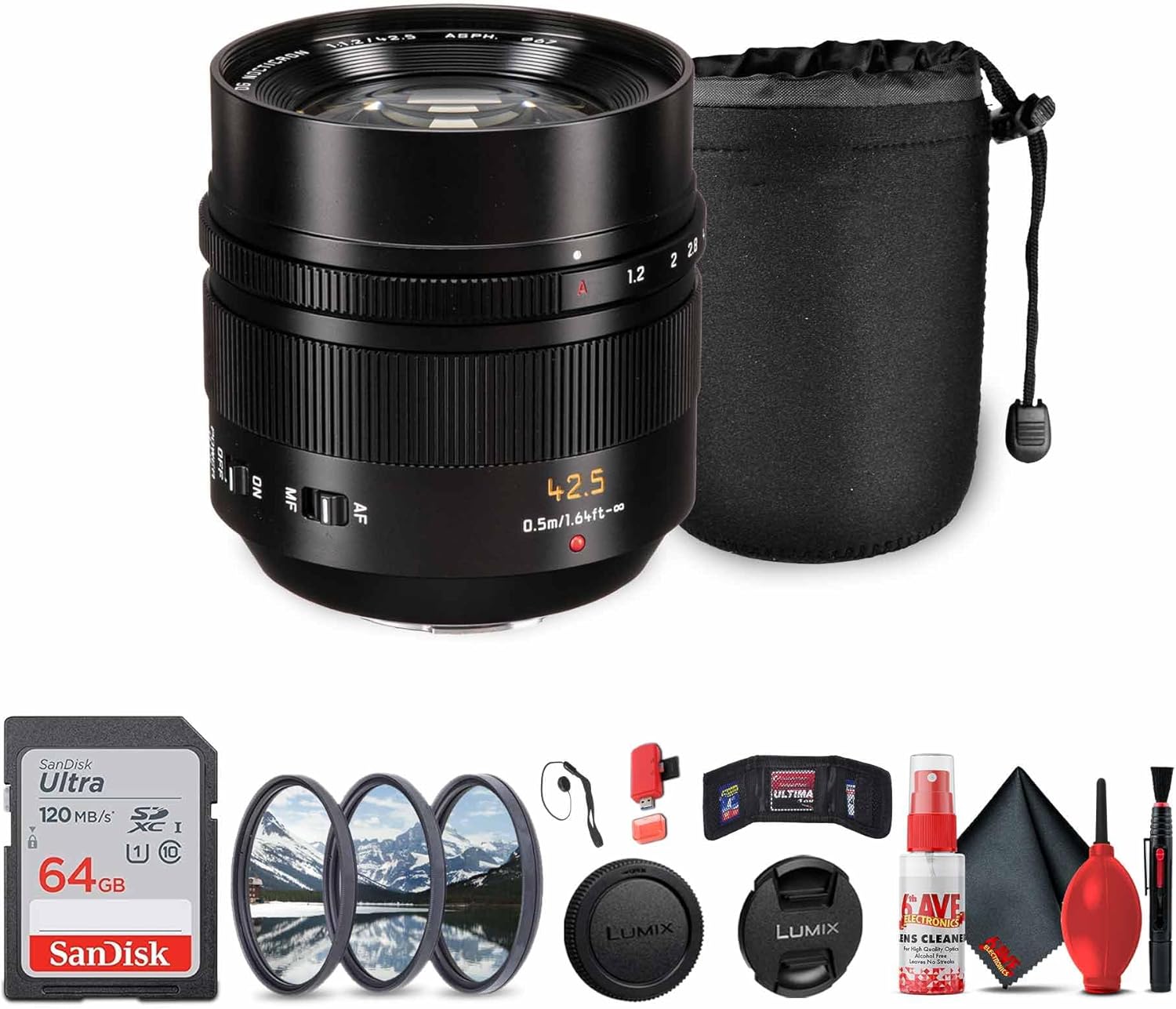 Panasonic Leica DG Nocticron 42.5mm f/1.2 Lens (H-NS043) Bundle Including: 64 GB Memory Card, 3-Piece Filter Kit, Lens Caps, Lens Pouch, Cap Keeper, Full Cleaning Kit, Card Reader, Card Wallet