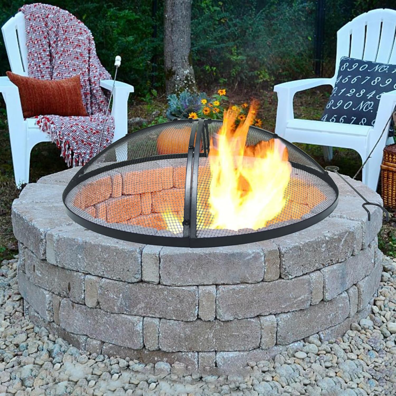 Heavy-Duty Metal 36 INCH Round Fire Pit Spark Screen Cover Mesh Screen Guard with Ring Handle for Outdoor Patio Backyard, Black