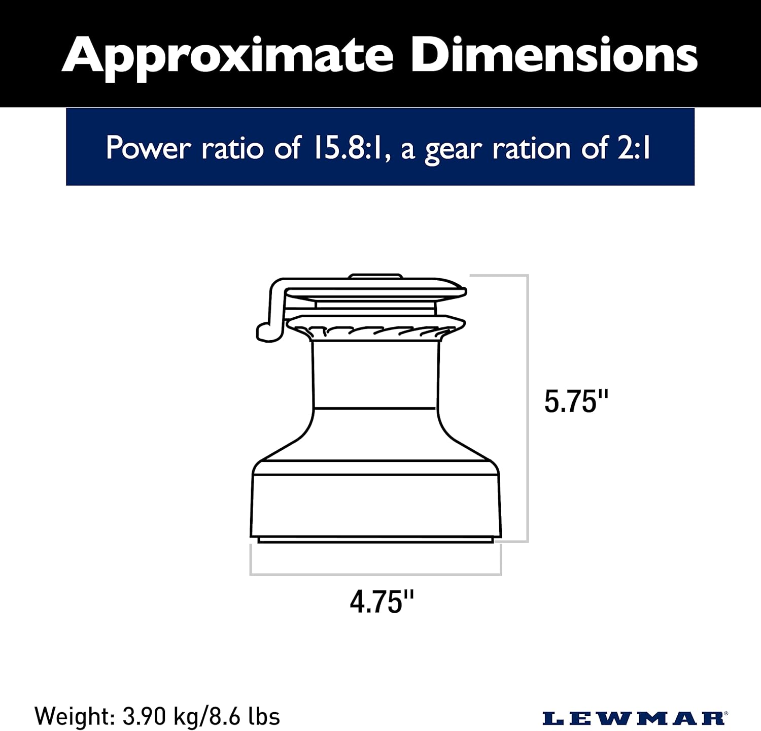 Lewmar Ocean Self Tailing Winch 16CST Single Speed in Aluminum – Single Speed Size 16 Winch, Gear Ratio 2:1, Power Ratio 15.8:1, Measures 4-3/4