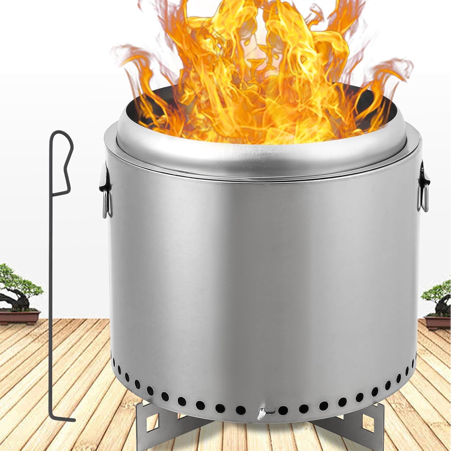 16 Inch Smokeless Fire Pit, Small Fire Pit for Outdoor, Wood Burning Stainless Steel Fire Pit with Handles, Removable Stand and Ash Pan, Perfect for Bonfire, Camping, Picnic, Family Gatherings