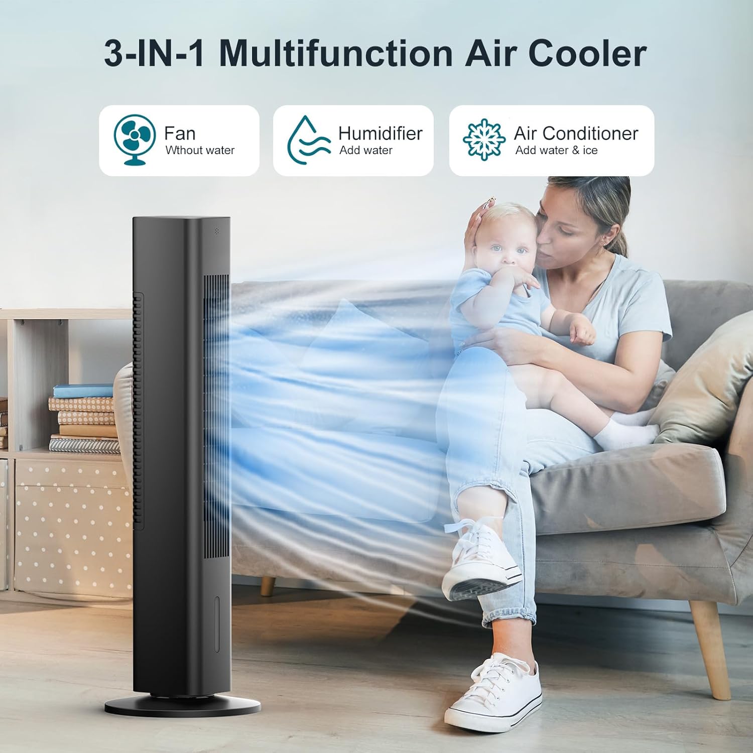 Windowless Portable Air Conditioner Ac Units with Remote, Evaporative Air Tower Cooling Fan, Small Indoor Outdoor Oscillating Swamp Cooler for Room Office Kitchen,7H Timer, Black