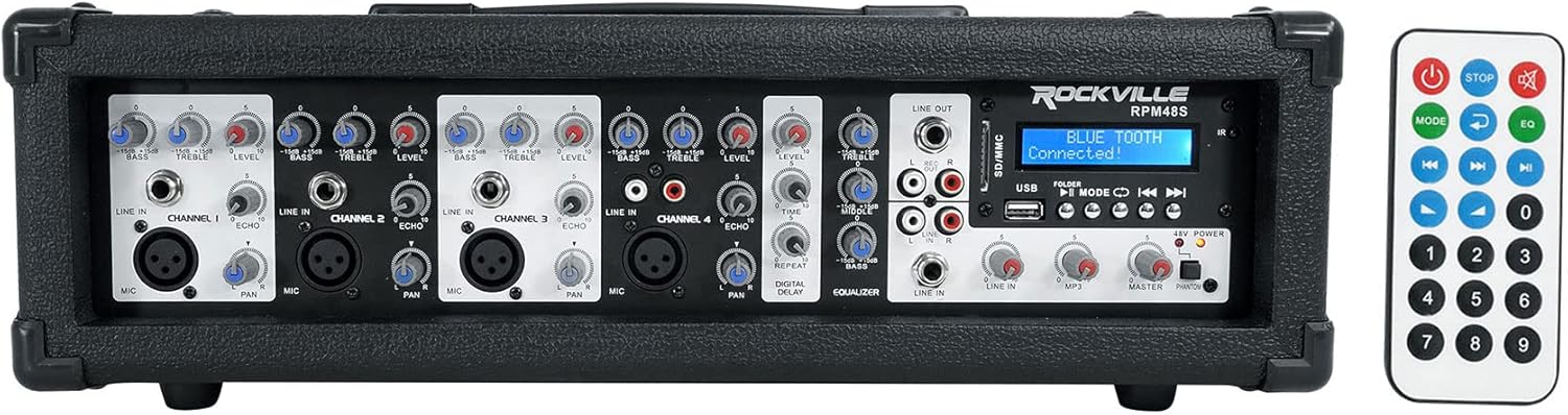 Rockville RPM48S 2000W Powered 4 Channel Mixer/Stereo Amplifier, Bluetooth, 3-Band EQ, USB/SD Inputs, for DJs and Live Events