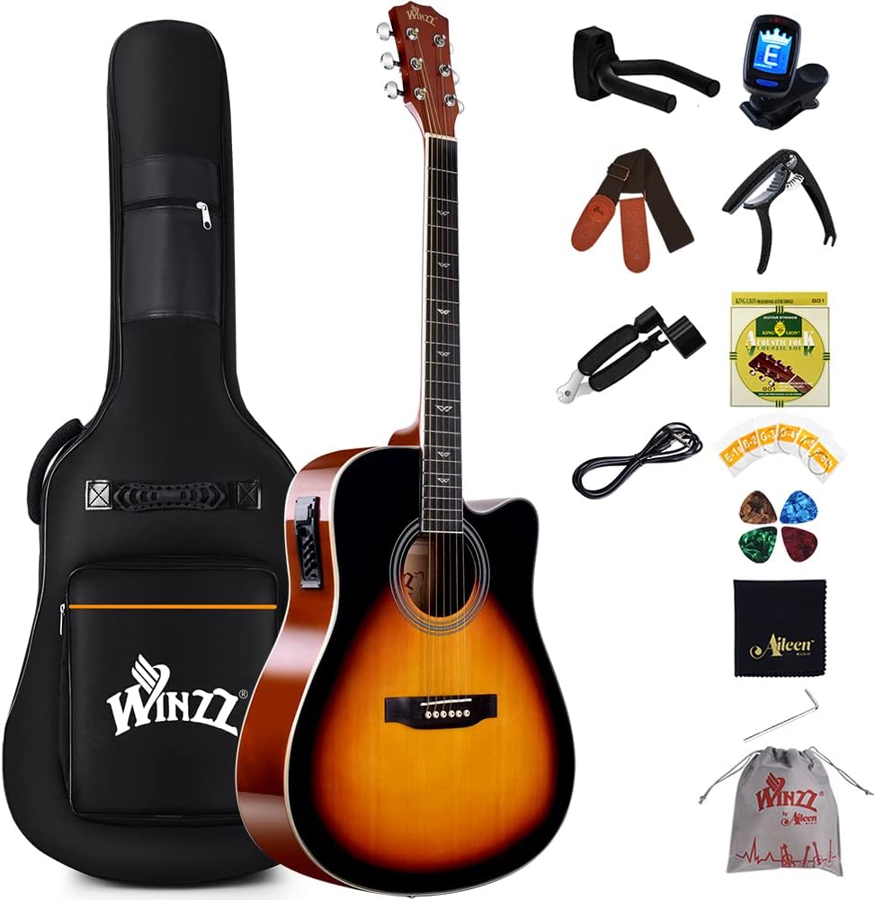 Winzz Acoustic-Electric Guitar 4/4 Full Size for Adults Beginners and Teens,6 Steel-String Acustica Guitarra Starter Kit, 4-Band Equaliser, 41