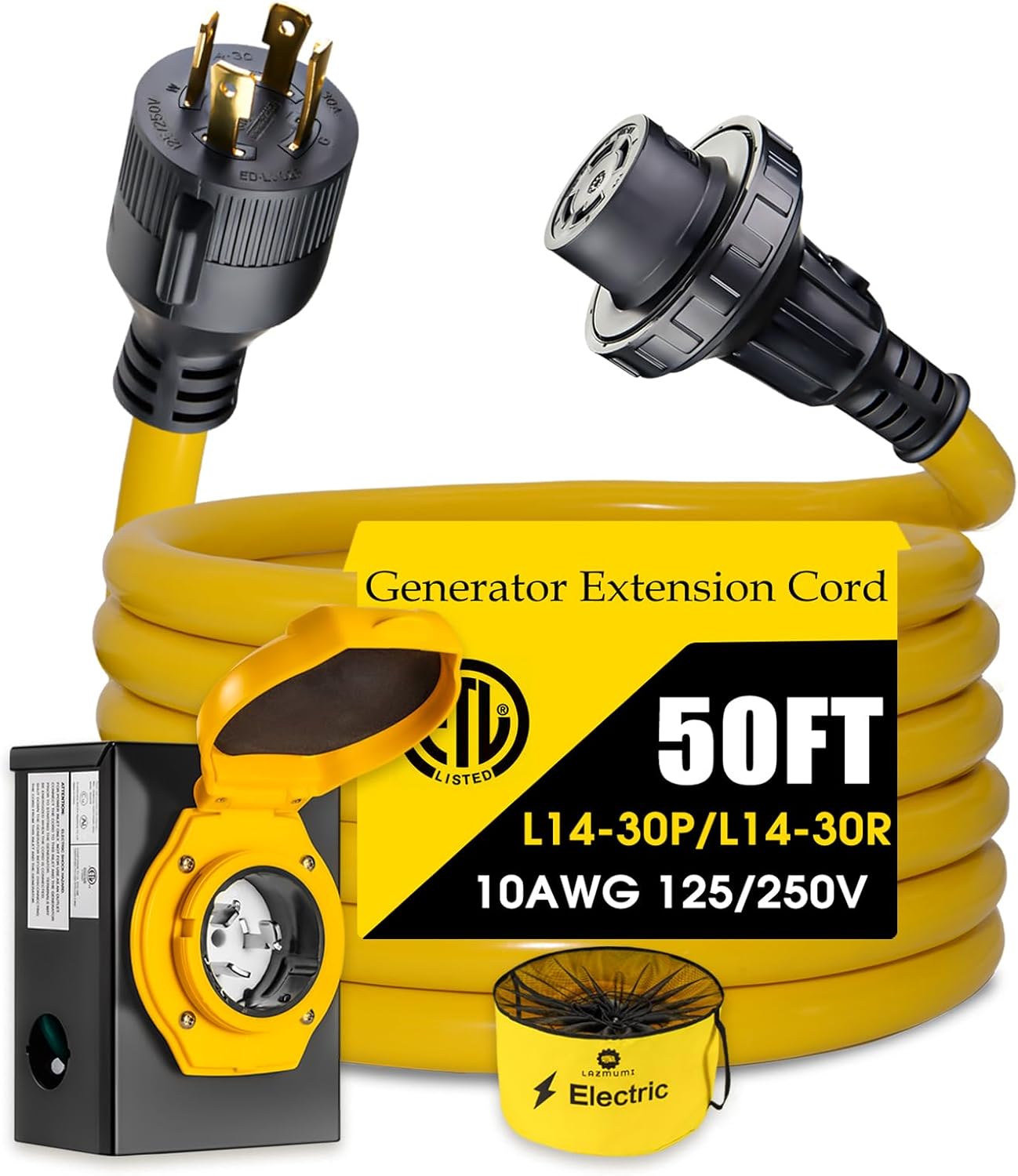30 Amp Generator Power Cord and Power Inlet Box Combo Kit, Heavey Dury NEMA L14-30P to L14-30R,125/250V 7500W 10 Gauge SJTW Generator Cord, Twist Lock Connector (50FT)