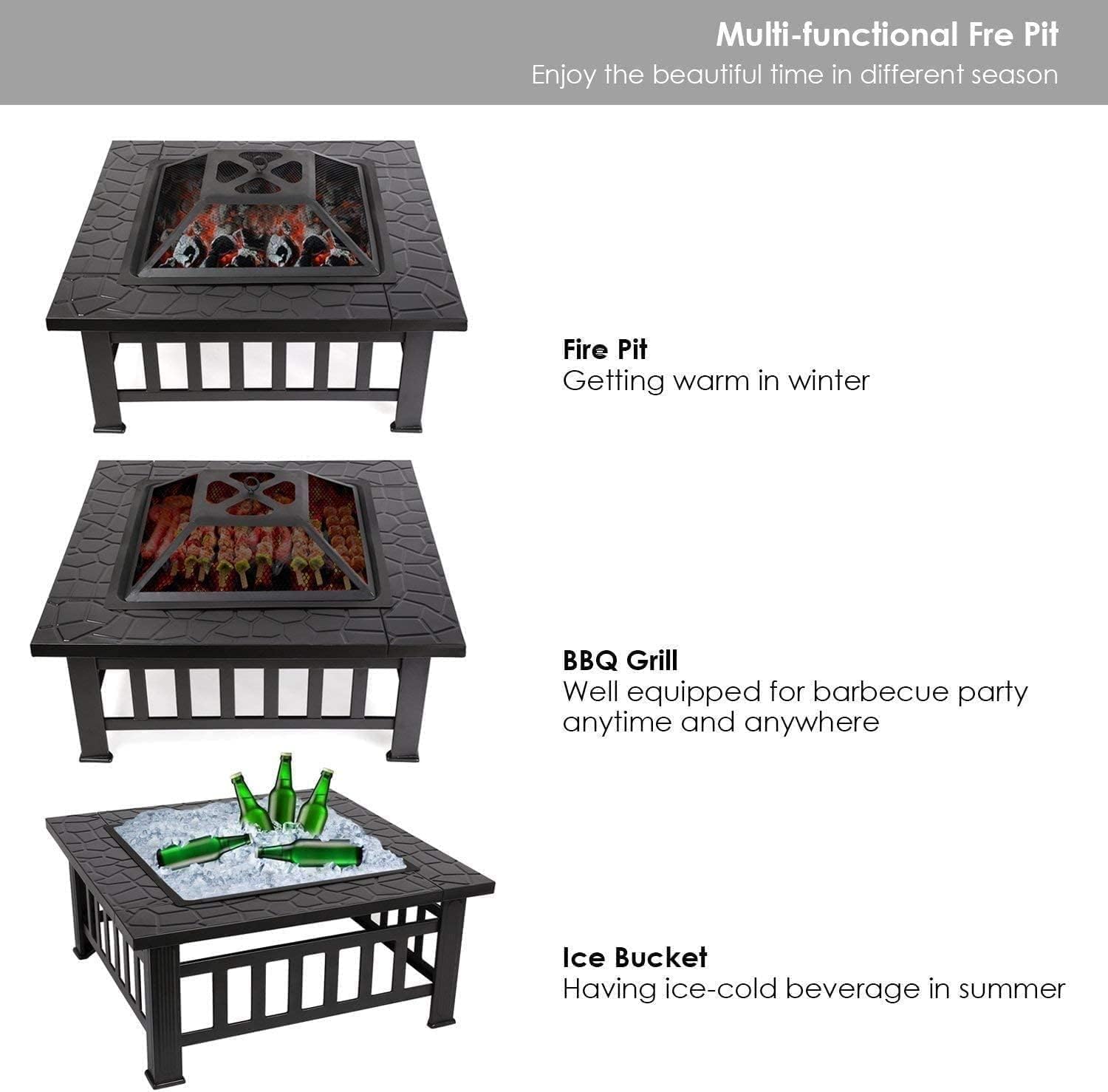 Fire Pit, Outdoor Brazier, Metal Square Patio Firepit Table BBQ Garden Stove with Spark Screen Cover Log Grate and Poker, Suitable for Outside Wood Burning and Drink Cooling