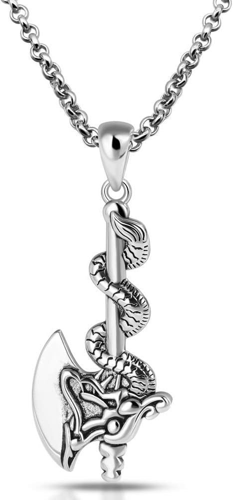 Dankadi Personalized Men's Charm Jewelry 925 Sterling Silver Necklace Vintage Style Dragon Shaped Axe Pendant Necklace 18''-28''O Chain Accessory Gift