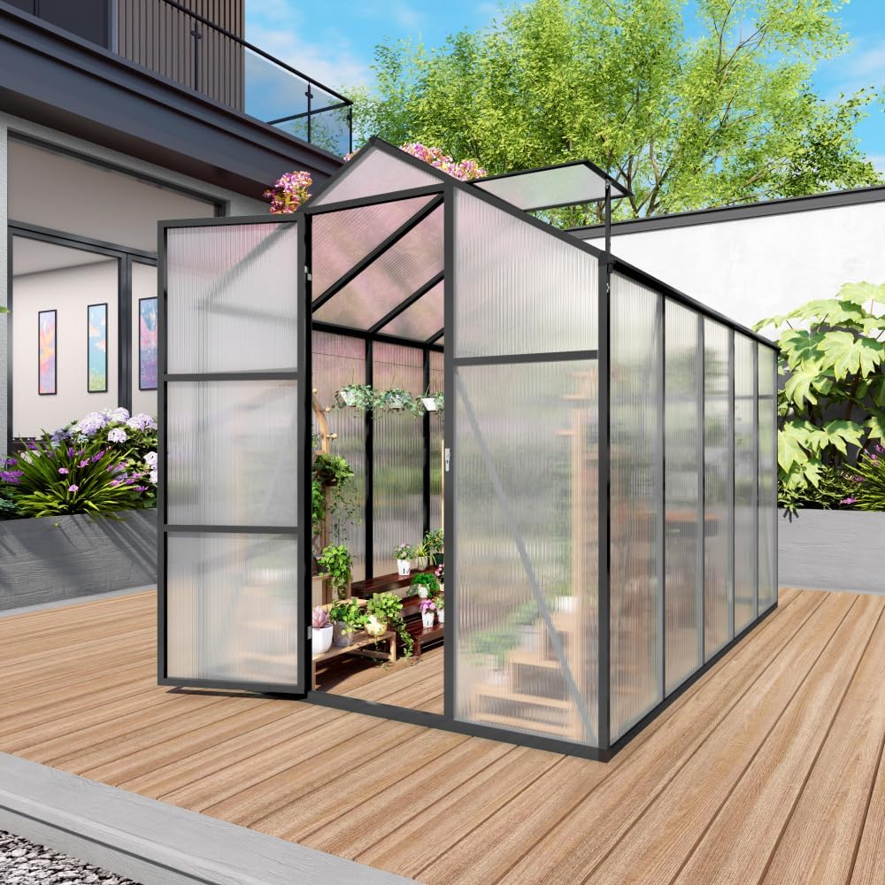 6x10 FT Walk-in Outdoor Greenhouse - Heavy Duty Polycarbonate Garden Greenhouse with Sturdy Aluminum Frame, UV Protection Lockable Greenhouses with Adjustable Roof Vent for Planting (6x10FT)