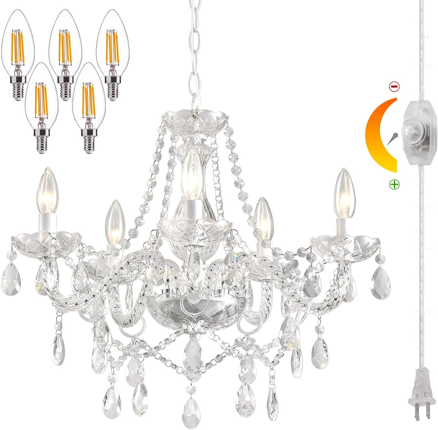 DIMMABLE Plug-in Glass Chandelier 5 Light Crystal (Bulbs Included), White Hanging Pendant Light Fixture with Cord, Classic Vintage K9 Crystals Beads for Girls' Room Dining Kitchen Island PRE-Wired