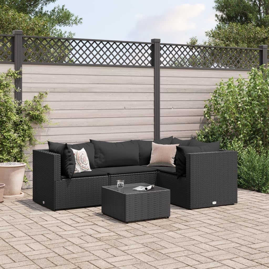 5 Piece Patio Lounge Set with Cushions Black Poly Rattan,Modular Patio Lounge Set: Comfortable Rattan Furniture for Outdoor Relaxation Patio Furniture, Outdoor Furniture Sets