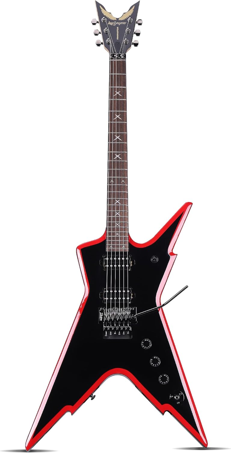 Leo Jaymz Diminator 6-String Electric Guitar, Bone Nut, 24 Fret, Mahogany Body with Roasted Maple Neck, Rose Wood Fretboard, Alnico V Pickups, Double Way Tremolo System With Locking Nut(Black-Red)
