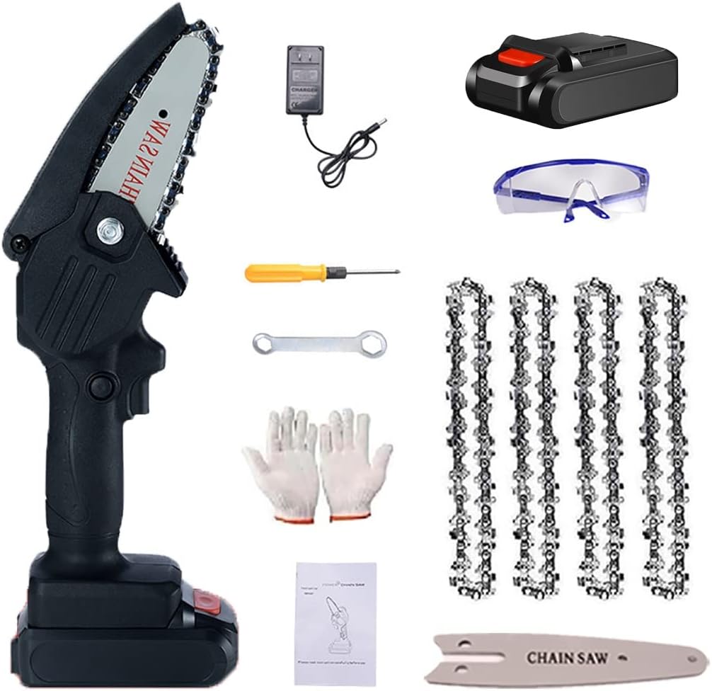 Mini Chainsaw,4 Inch Mini Chainsaw Cordless,One-Hand Chainsaw, Electric Chainsaw,Handheld Mini Chainsaw,Cordless Power Chain Saws with Security Lock (Color : Black, Battery *1 : 4*Chain)