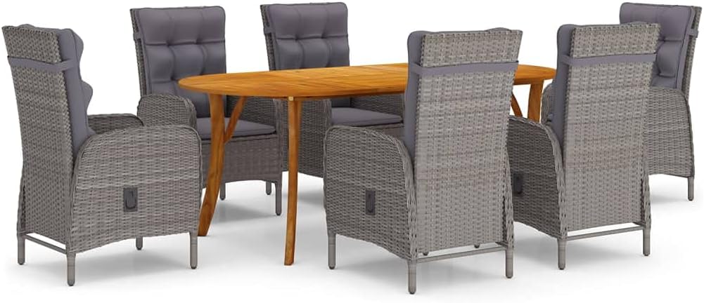 7 Piece Patio Dining Set Gray,Rattan Dining Set for Outdoor Patio with Solid Acacia Wood Table and Cushioned Chairs Patio Furniture Sets, Outdoor Furniture Sets