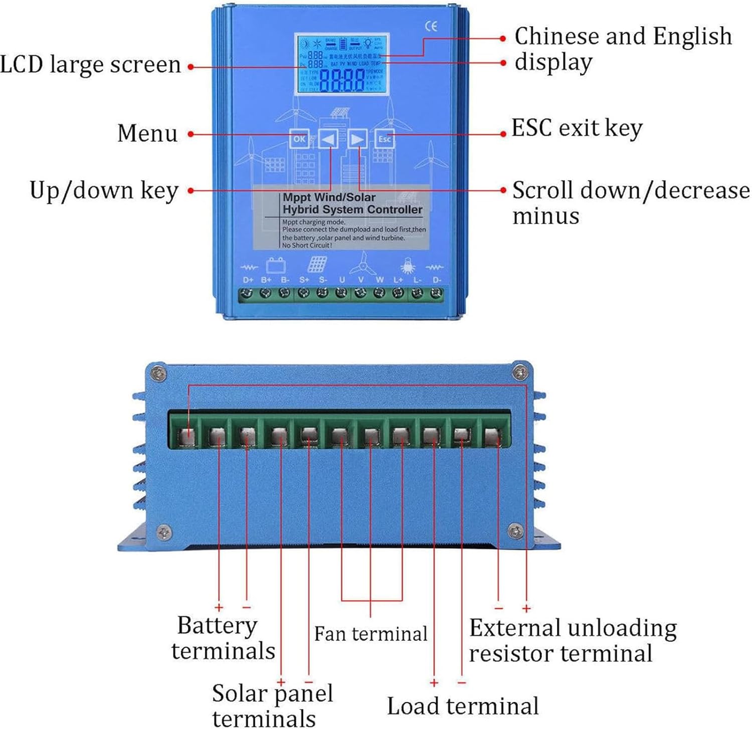 3000W-10000W Wind Solar Hybrid Charge Controller, MPPT Charge Boost Controller, Solar Wind Hybrid Charge Regulator 12V/24V/48V Auto Identification System Voltage,10000W-12V