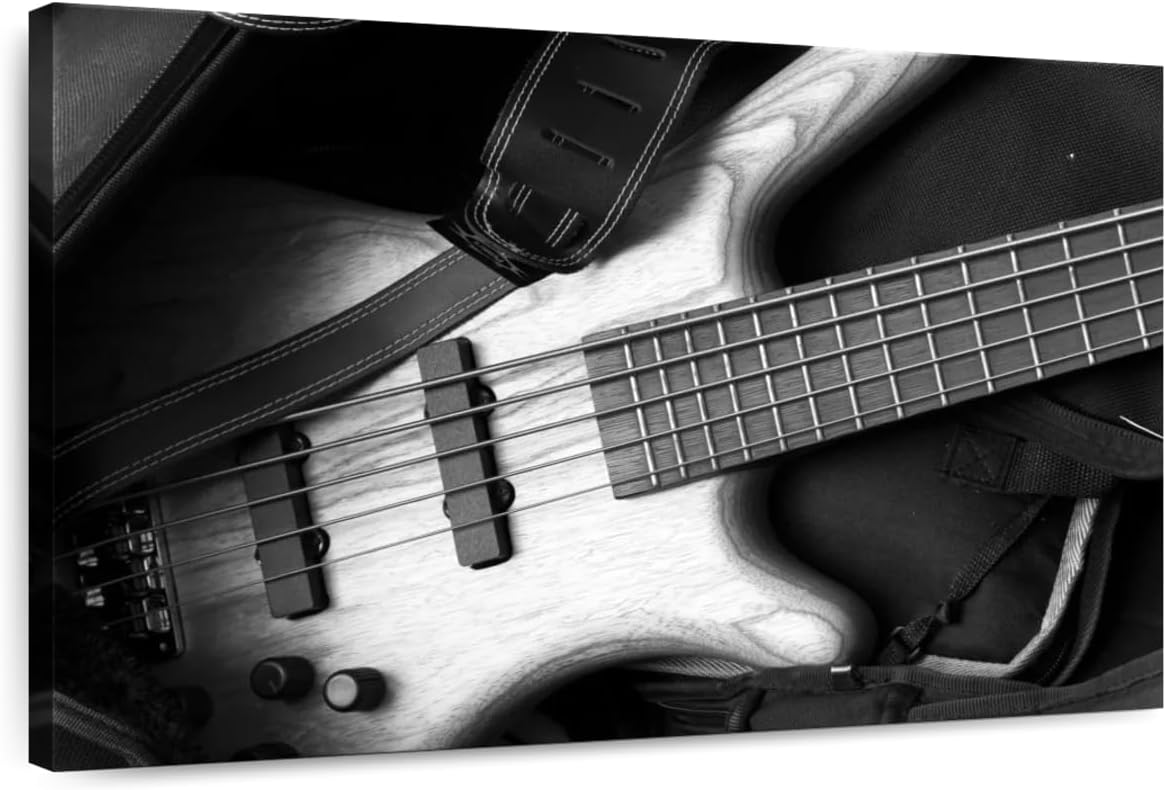 ElephantStock - Monochromatic Bass Guitar Wall Art - Horizontal Canvas Wall Art - Living Room Wall Decor - Photography Music Canvas Art - Black And Gray Decor - 51