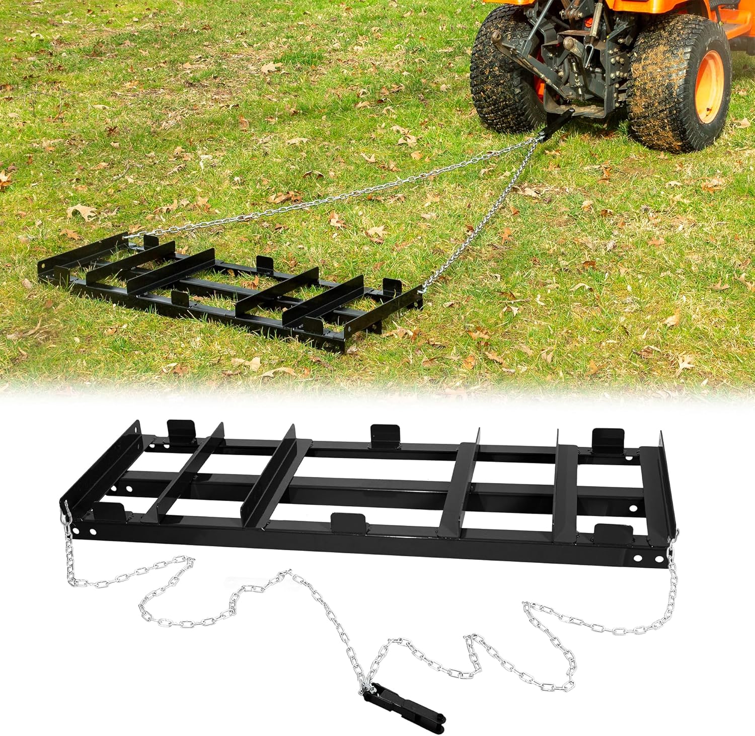 Iron Forge Tools Drag Harrow - Driveway Pull Behind Lawn Leveling Rake Grader - Tow Behind Lawn Tractor Attachments for ATV, UTV, or Mower - 4 Feet Heavy Gauge Powder Coated Welded Steel - Black