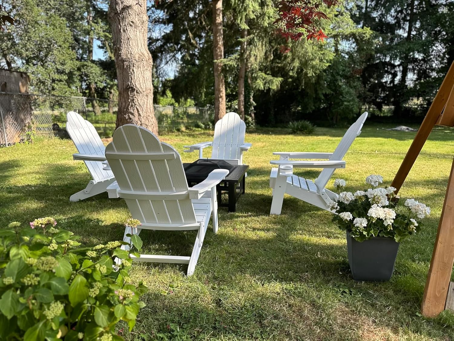 LUE BONA Folding Adirondack Chair, Chairs Set of 4, Cup Holder, Woodgrain, Fire Pit, Patio, Pool, White