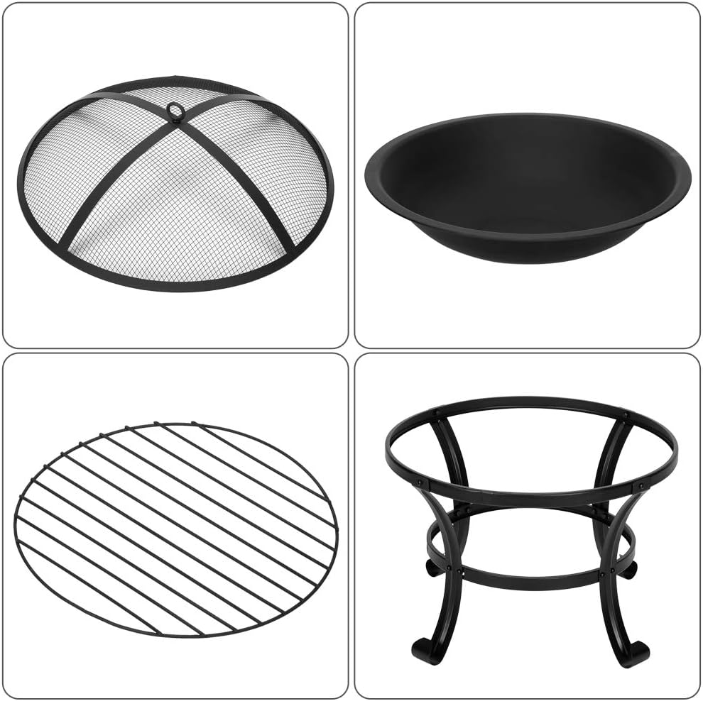 22 Inch Fire Pit, Wood Burning Fire Pits for Outdoor with Mesh Lid and Fire Picker, Durable Small Outside Fireplace for Bonfire, Backyard, Porch, Camping, Deck, Black