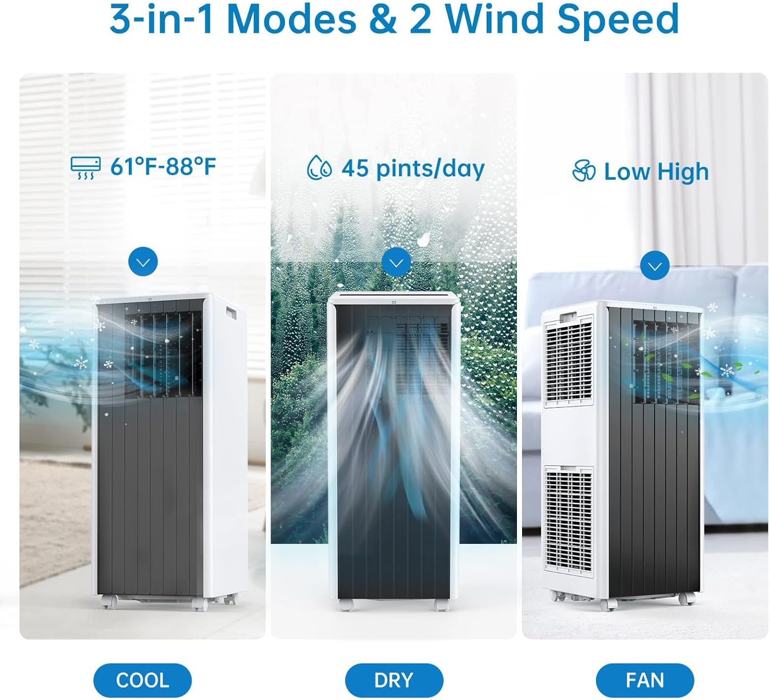 Portable Air Conditioner 8000 BTU– Compact 3-In-1 AC Unit With Cooling, Dehumidifier & Fan, Energy-Efficient Portable Air Conditioner With Remote & 24H Timer for Rooms Up to 350 Sq Ft（Grey）