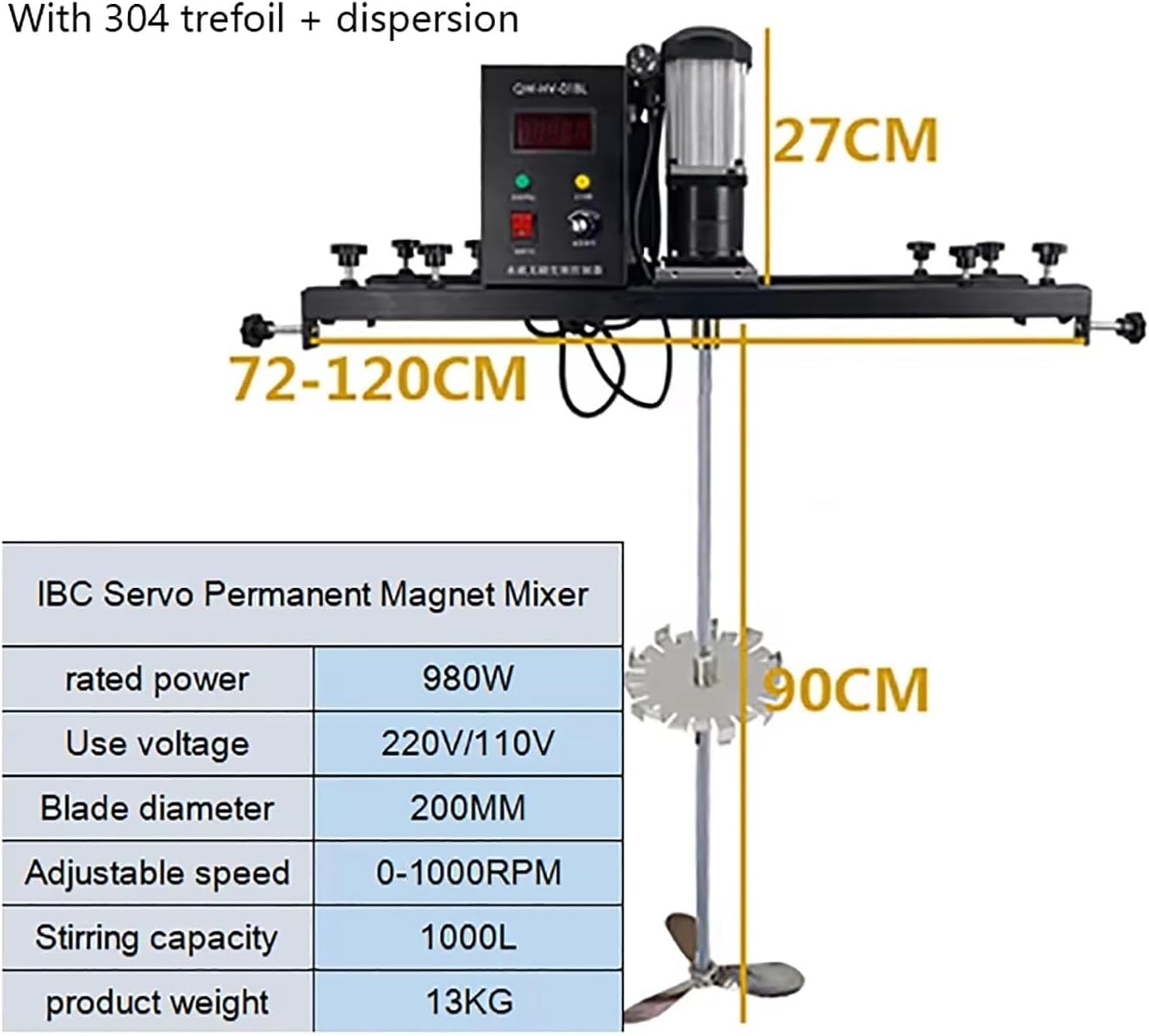 980W Electric Tank Mixer Machine, IBC Paint Mixer with 900mm Stainless Steel Stirring Rod and Impeller, 720-1200mm Adjustable, for Stirring Paint, Coating, Glue, Cement(B)