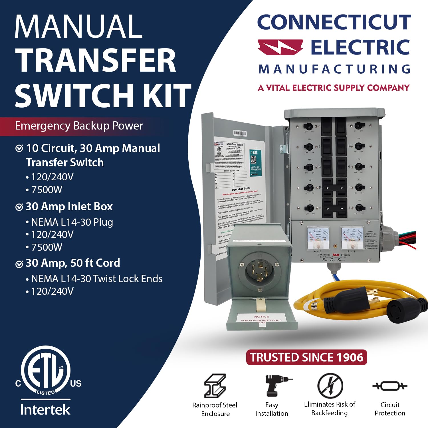 Connecticut Electric EmerGen Manual Transfer Switch Kit 30 Amp, 50 Foot Cord, 10-Circuit, 7500 Watts, EGS107501G2K50 for Portable Generator (with 50 FT Generator Cord)