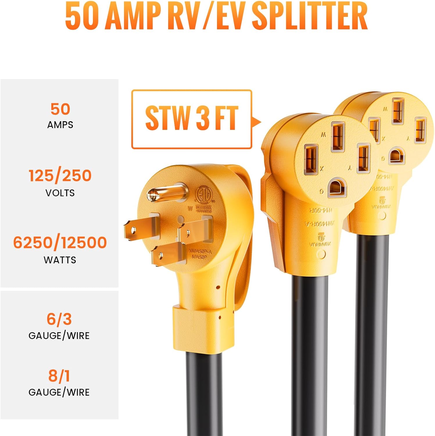 MECMO 50 Amp Y Splitter Adapter Cord for RV EV, 4-Prong 250-Volt NEMA 14-50P to x2 NEMA 14-50R 50A Generator Splitter, Nema 14-50P to 6-50R Welder Adapter 50 Amp 4 Prong Generator to 3 Prong Welding