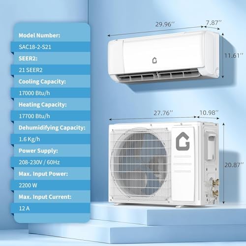 17000 BTU Wifi Mini Split AC, 21 SEER2 208V-230V Ductless Inverter Split-System Air Conditioners, Cools Rooms up to 1250 Sq.Ft, Display On/Of, 4 Fan Speeds, Sleep Mode, Self-Cleaning, 24H Timer