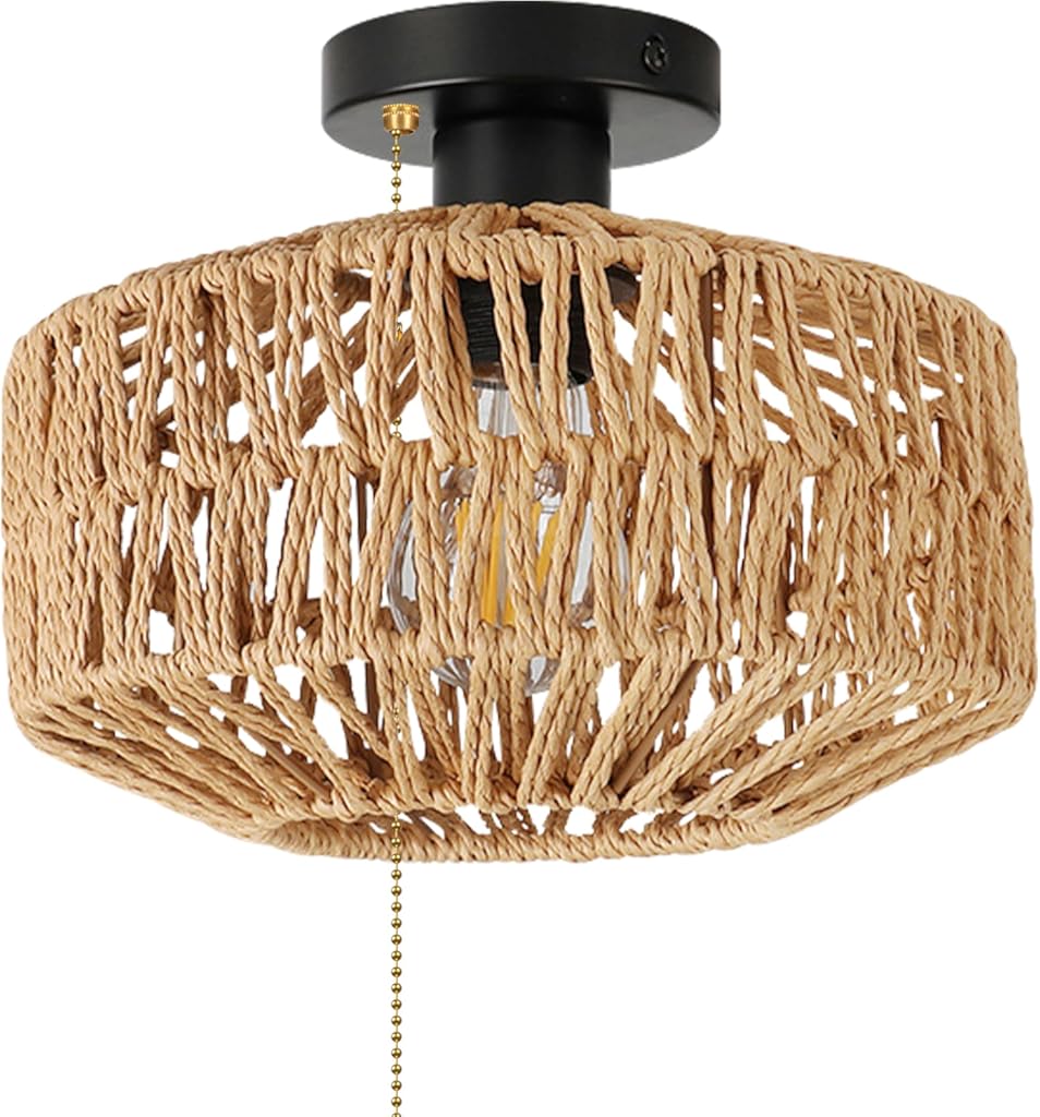 12V RV Hardwired Hand-Woven Boho Light Fixtures, Zipper Switch Wicker Rattan Dome Shape Cover, Replaceable 2700K Bulb Included Semi Flush Mount Interior Lighting Decorative for Camper