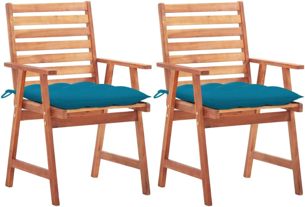 Patio Dining Chairs 2 pcs with Cushions Solid Acacia Wood,Acacia Wood Dining Chair Set with Blue Water-Resistant Cushions for Patio Outdoor Seating Furniture