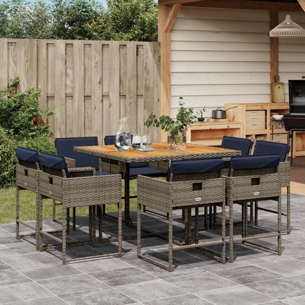 9 Piece Patio Dining Set with Cushions Gray Poly Rattan,Outdoor Dining Set 8Piece AllWeather Rattan with Acacia Wood Table and Comfortable Cushions Patio Furniture Sets, Outdoor Furniture Sets