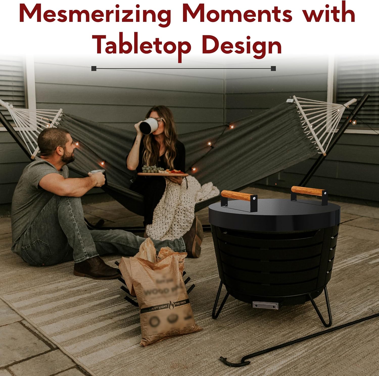 FEBTECH - Tabletop Fire Pit Lid 25.5 Inch - Compatible with Fire Pits Inside Up to 23 Inch - Carbon Steel Tabletop Firepit Shield with Dual Wooden Handles - Firepit Accessories for Bonfire