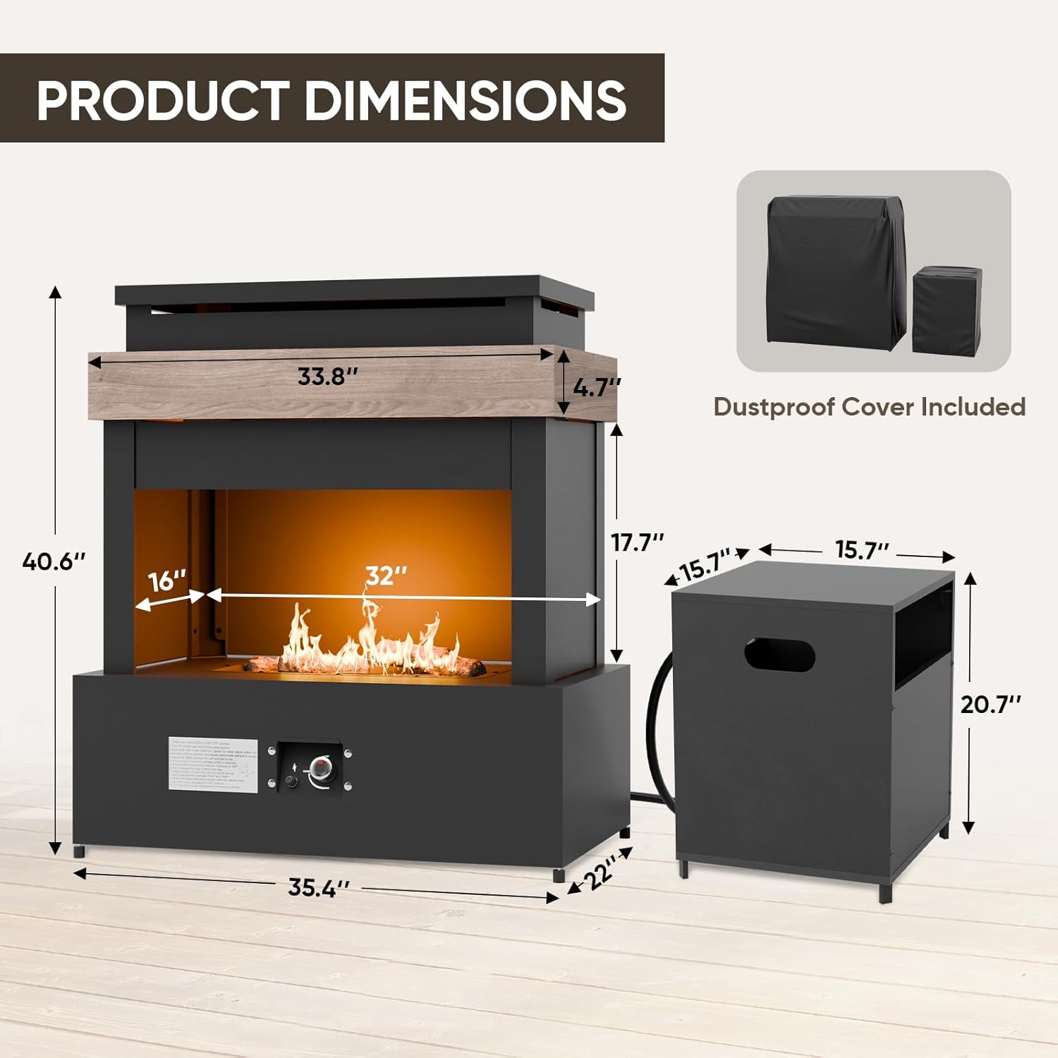 35'' Outdoor Propane Fireplace with Tank Storage, CSA Certified 50,000 BTU Patio Firepit with Dust Cover for Garden, Backyard and Balcony, Gray/Beige