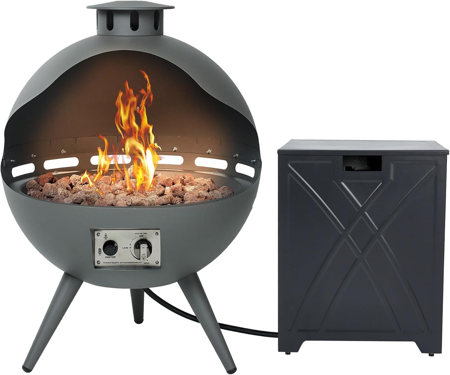 24-Inch Outdoor Propane Fireplace with 20 lb Tank Cover, 55,000 BTU Chimenea Propane Fire Pit, Hemispherical 3-Legged Firepit with Lava Rocks and Rain Cover, Gray