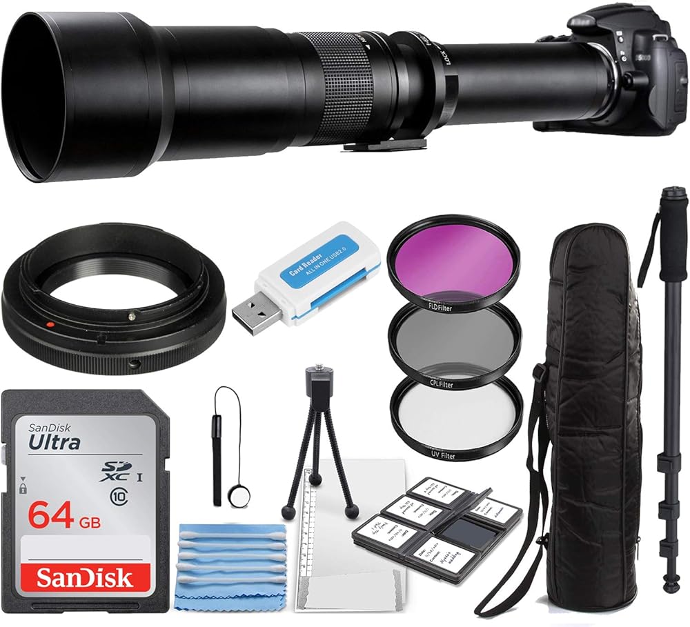 Super 650-1300mm f/8 Manual Telephoto Zoom Lens for Canon EOS EF-S DSLR Cameras with T-Mount + Photo Essential Accessory Kit
