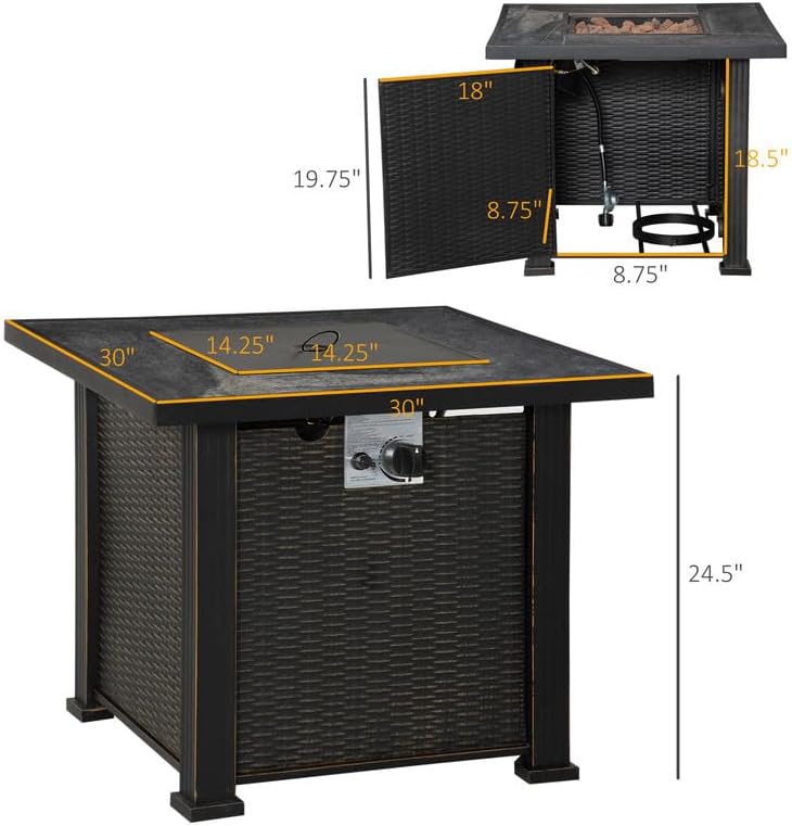 Outdoor Propane Gas Fire Pit Table, Auto-Ignition Square Wicker-Effect Gas Firepit with Ceramic Tabletop