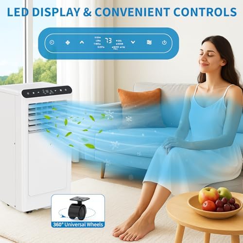 8,000 BTU Portable Air Conditioner, 3-in-1 AC Unit with Fan & Dehumidifier, Cools Up to 350 Sq.ft, Remote Control, 24H Timer, Auto Swing, Quiet Portable AC for Bedroom/Living Room/Office, Black