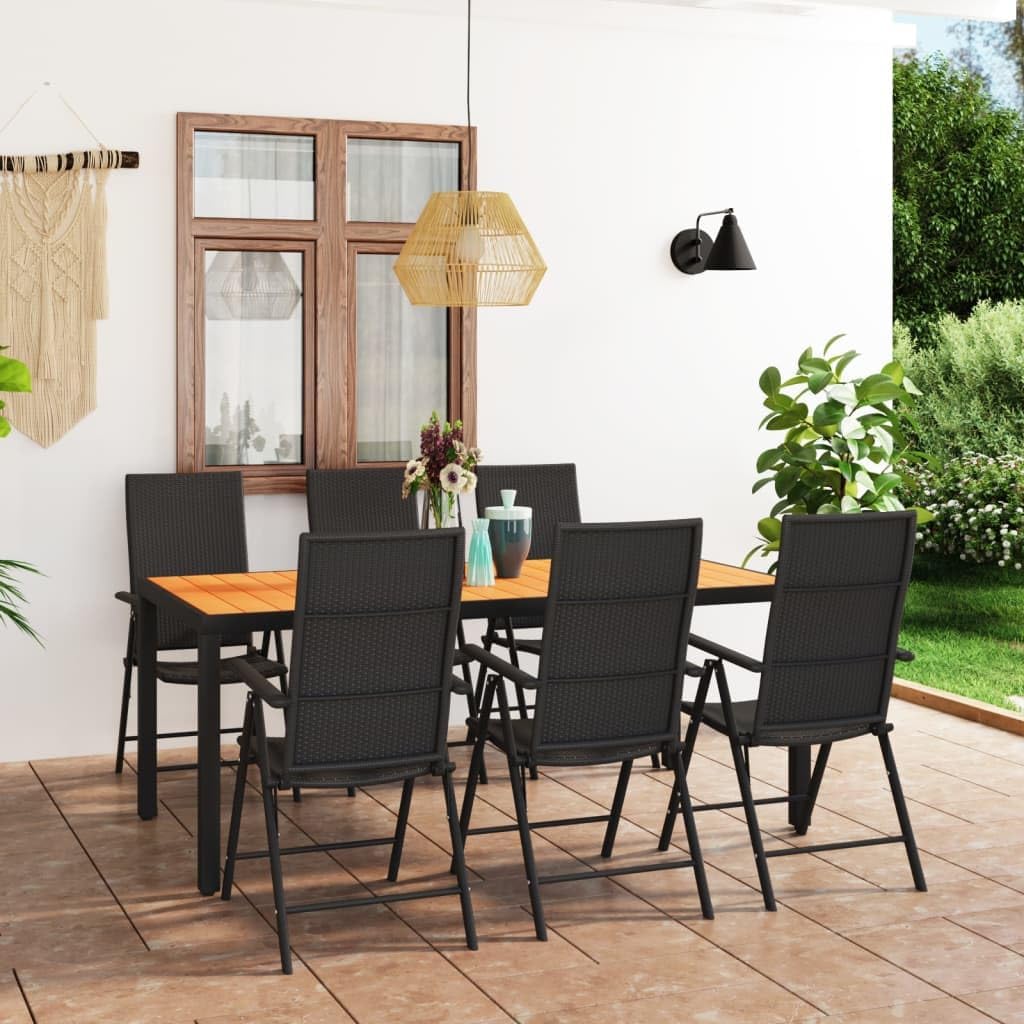 7 Piece Patio Dining Set Black and Brown,Durable Outdoor Dining Set with Rattan Chairs and WPC Tabletop for Patio and Garden Patio Furniture Sets, Outdoor Furniture Sets