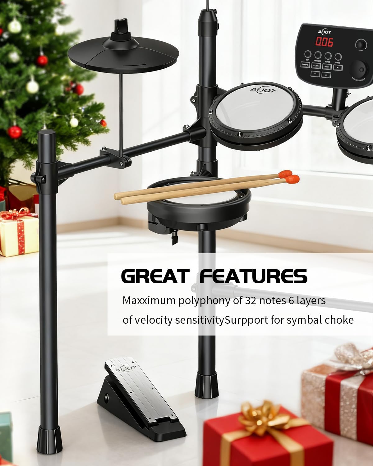 AiJoy Electric Drum Set with Quiet Mesh Pads, 5 Drums, 3 Cymbals, Dual-Zone Snare, USB MIDI, Intelligent Sound Module, Drum Throne, Headphones, Sticks, 25 Kits & 195+ Sounds for Beginners & Adults