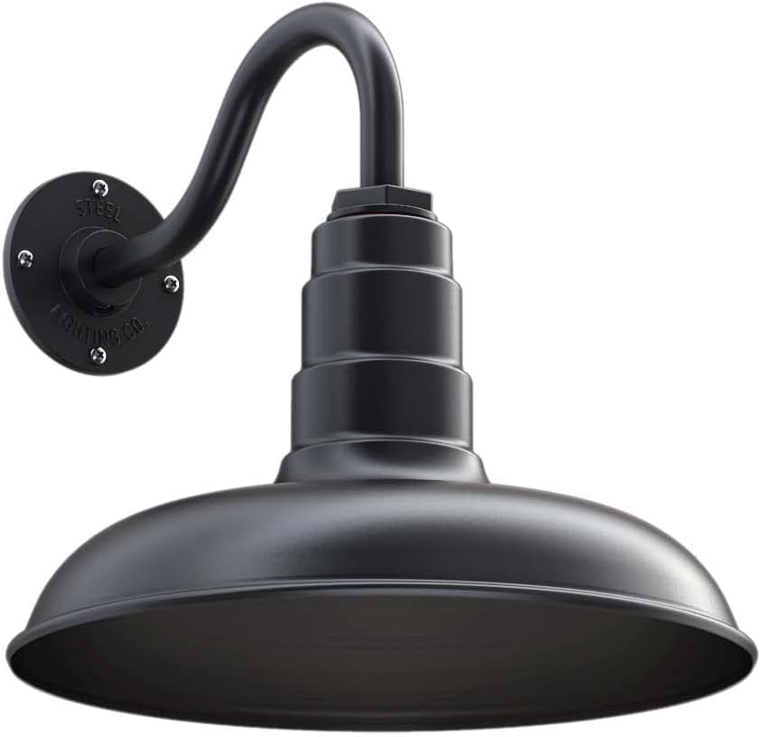 Steel Lighting Co. Topanga Barn Light | Outdoor Wall Mounted | Farmhouse Garage Light Made in America | 14 inch Dome | 11 inch Gooseneck | Matte Black Exterior/Matte Black Interior