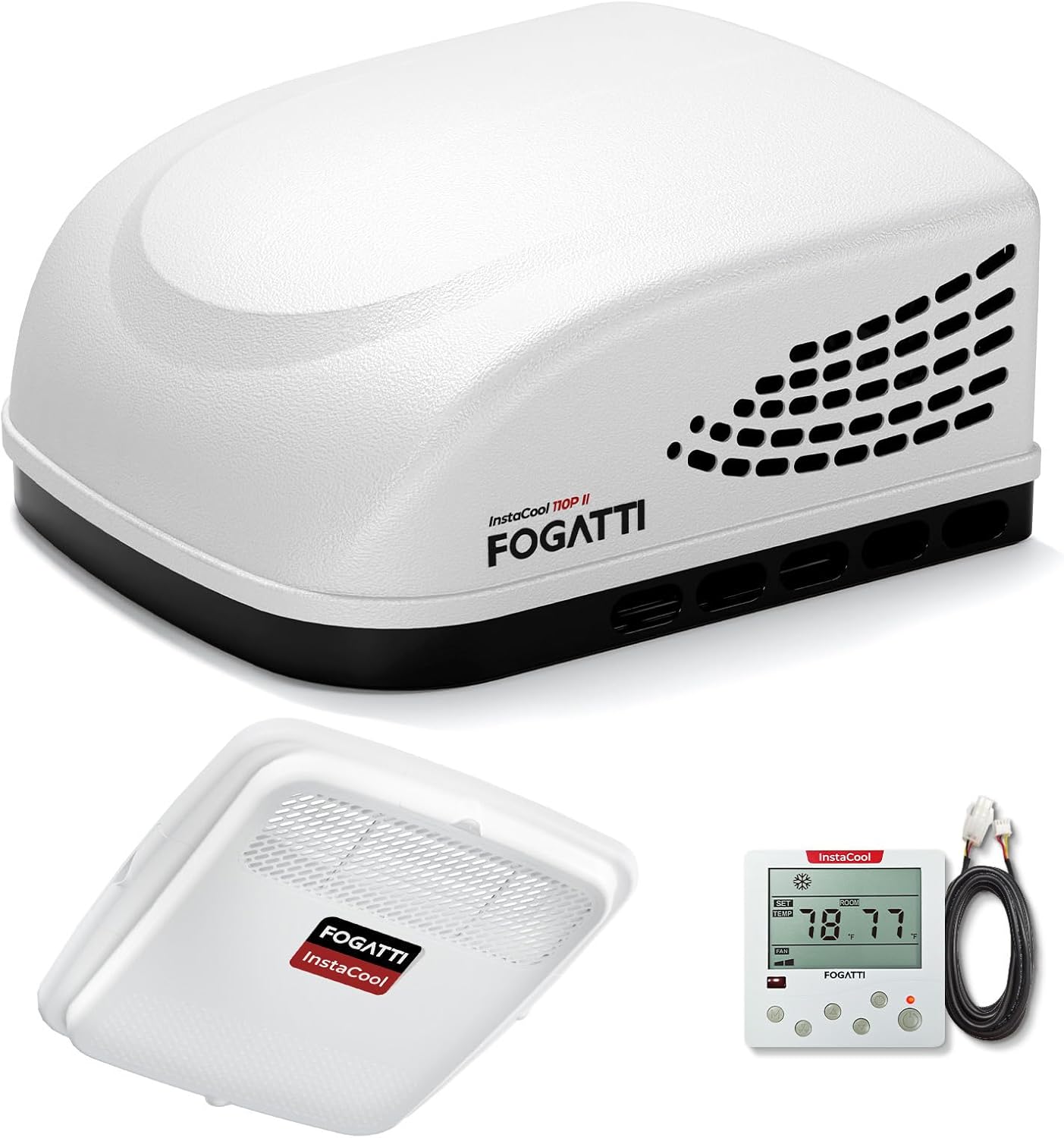 FOGATTI RV AC Unit with Heat Strip, 11000 BTU Non-Ducted Roof top RV Air Conditioner Cooling and Heating, Air Distribution Box (White)