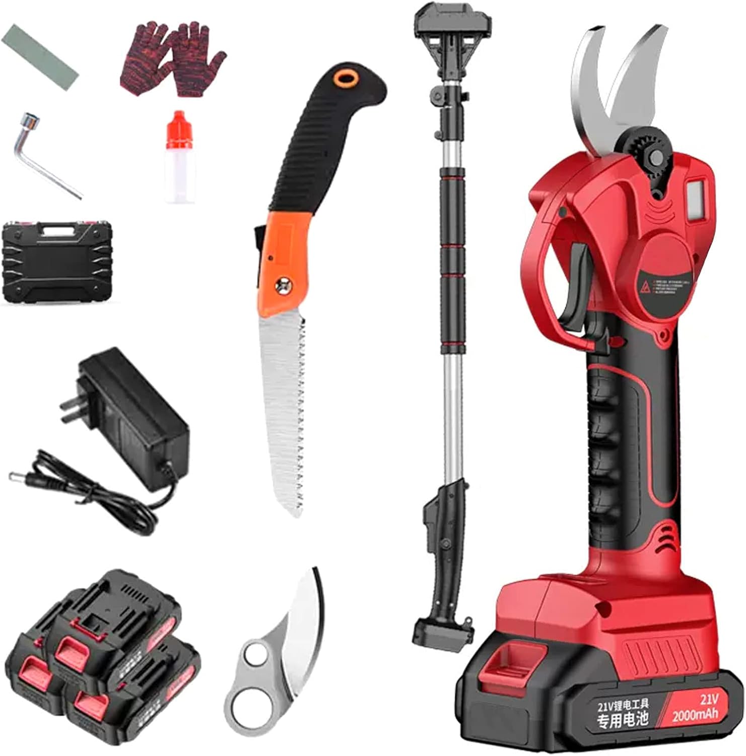 Professional Cordless Pruner Electric Pruning Shears Secateurs with Reach Extension Pole 130-210cm Telescopic Electric Secateur Cutting Diamete 30mm for Gardening Rechargeable Branch Cutter