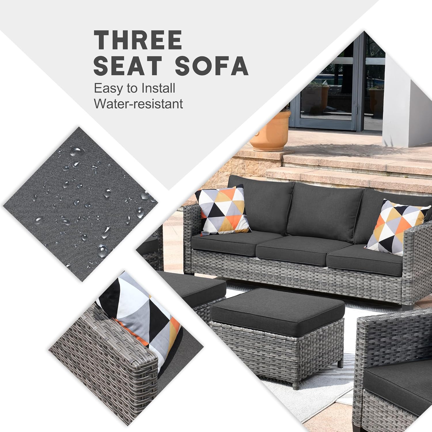 HOOOWOOO Patio Outdoor Conversation Set with Fire Pit Table,7 Pieces Outside Furniture Sofa Set with PE Wicker Swivel Rocking Chairs,Gas Fire Pit Table,Side Table and Ottomans,Black