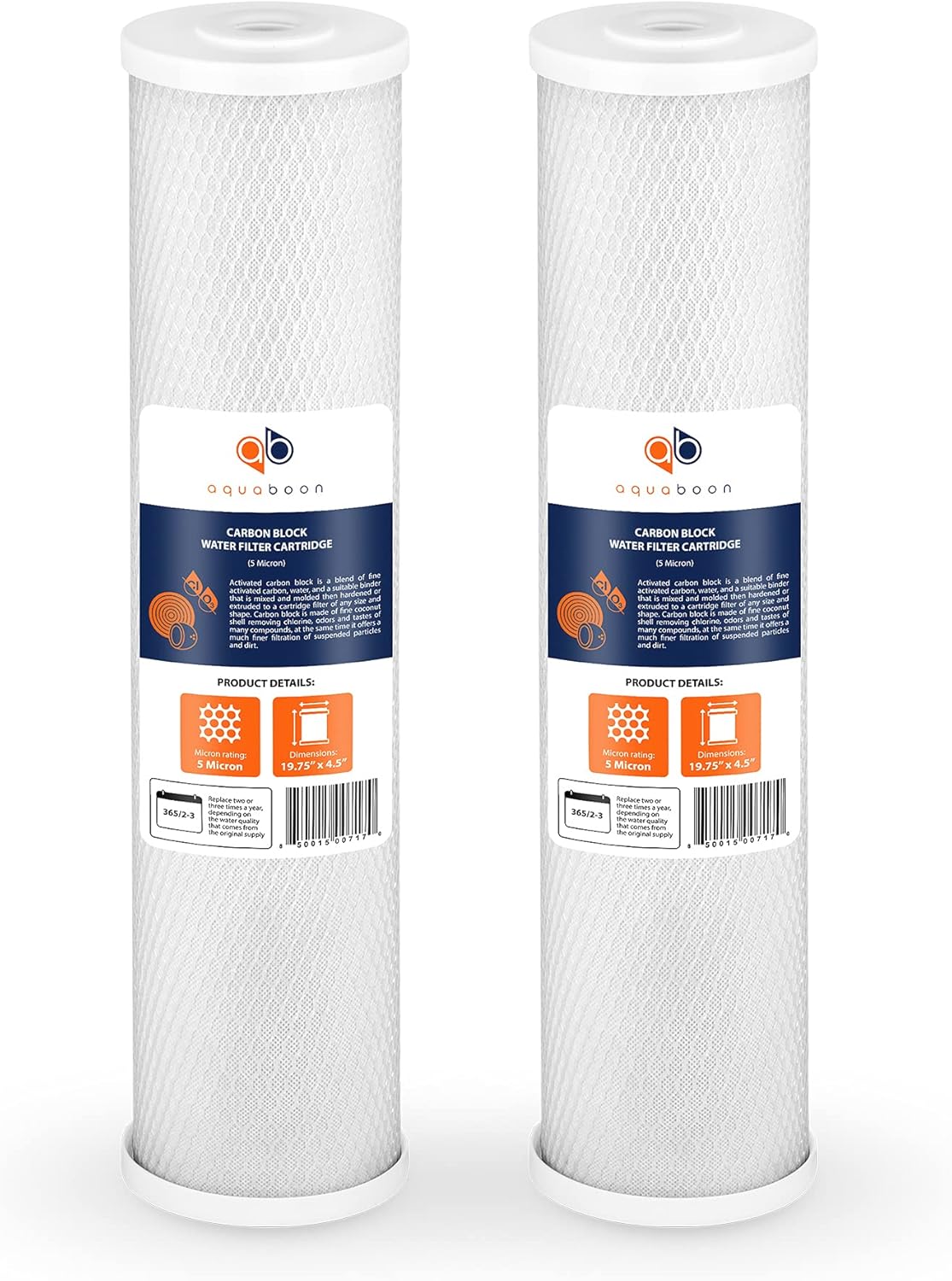 Aquaboon 4,5 x 20 inch Carbon Filter Cartridge - 5 Micron Coconut Shell CTO Filter - Whole House Well Water Filtration - Matches DB20P, CTO20BB, Pentek FLOPLUS-20BB, 155312-43, CBC-20BB (2 Pack)