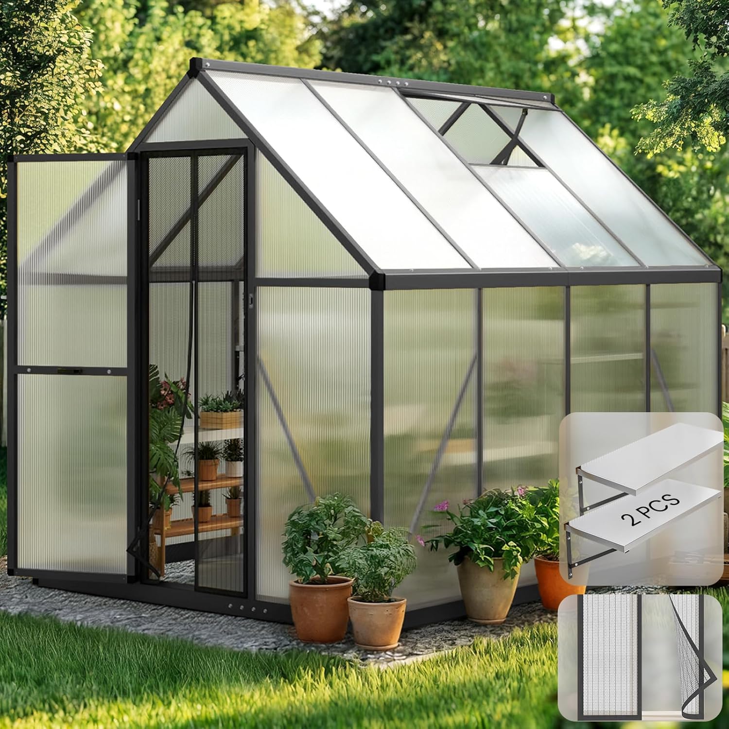 KING BIRD Greenhouse for Outdoors, 7.4x6 FT Polycarbonate Walk-in Green House for Outside, Aluminum Frame UV Resistant Panel Garden Backyard W/ Lockable Mesh Door Roof Vent, 2 Racks, Black