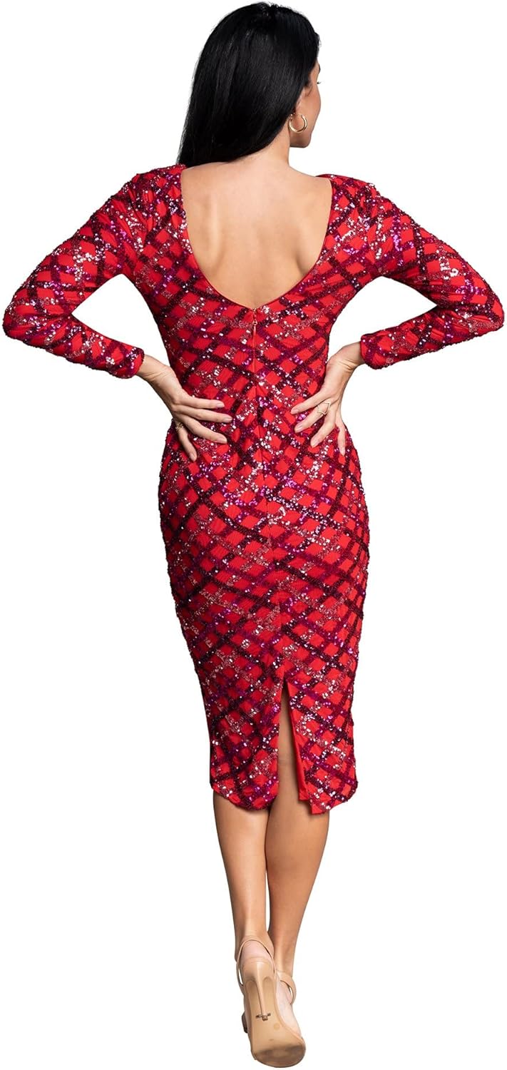 Dress The Population Womens Emery Long Sleeve Stretch Sequin Midi Sheath Ddr147