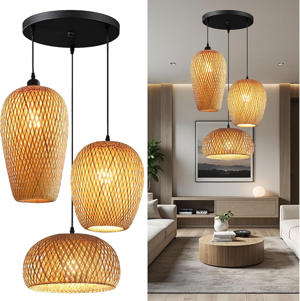 GCQ Bamboo Lantern Pendant Lamp, Retro Japanese Style E27 Chandelier Hanging Light Ceiling Lighting Fixture for Living Room Bedroom Restaurant Cafe Teahouse Bar Dining Room Club