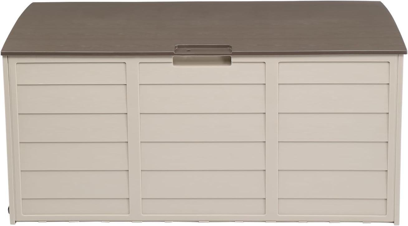 75 Gallon Outdoor Storage Box,Large Plastic Deck Box, Garden Resin Storage Deck Bin with Lockable Lid,for Patio Furniture, Pool Tools, Package Delivery Box, Outside Equipments and Garden Tools,Brown